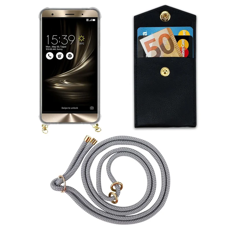 Cadorabo Handy Kette kompatibel mit Asus ZenFone 3 DELUXE Silikon Schutzhülle mit Gold Ringen, Kordel Band und abnehmbarem Etui