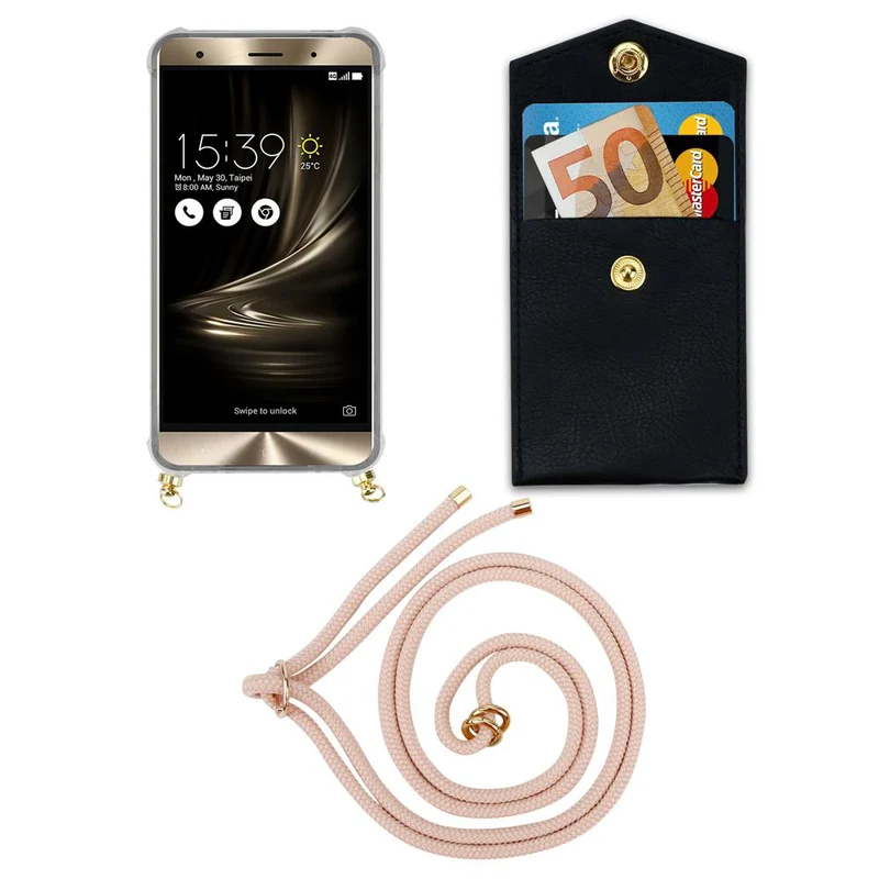 Cadorabo Handy Kette kompatibel mit Asus ZenFone 3 DELUXE Silikon Schutzhülle mit Gold Ringen, Kordel Band und abnehmbarem Etui