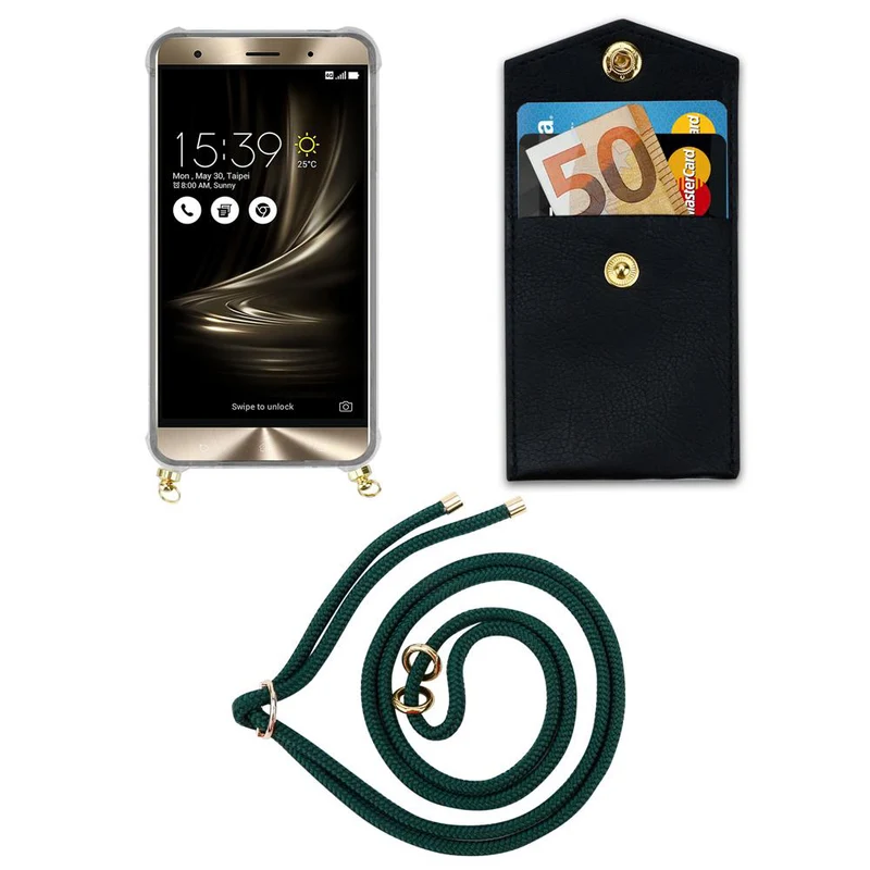 Cadorabo Handy Kette kompatibel mit Asus ZenFone 3 DELUXE Silikon Schutzhülle mit Gold Ringen, Kordel Band und abnehmbarem Etui
