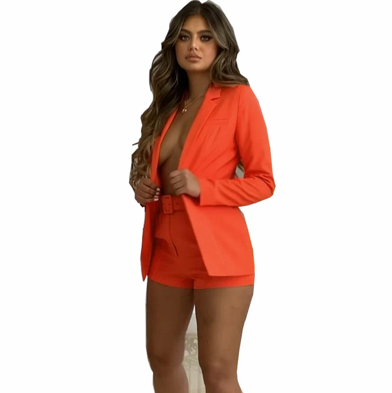Damen nan tailliertes Longblazer-Shorts Set mit betonter Schulterpartie, hoher Taille und breitem Gürtel Drune