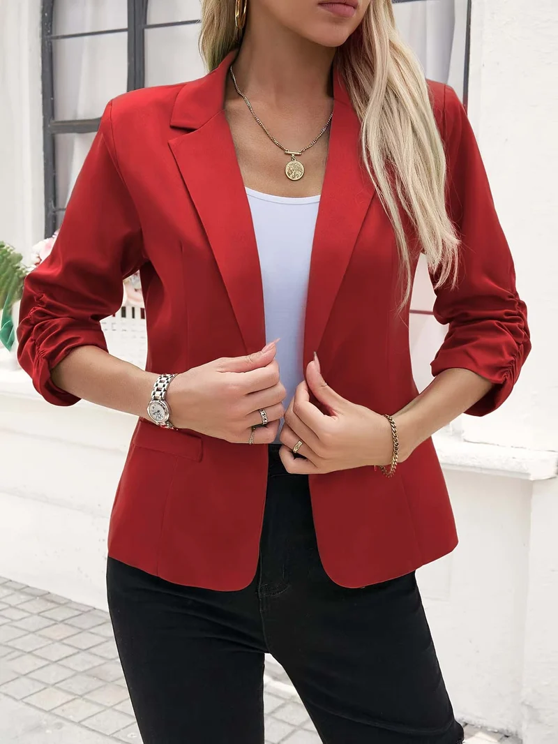 Damen nan taillierter Longblazer mit Revers, gerafften 3/4-Ärmeln und Eingrifftaschen Drune