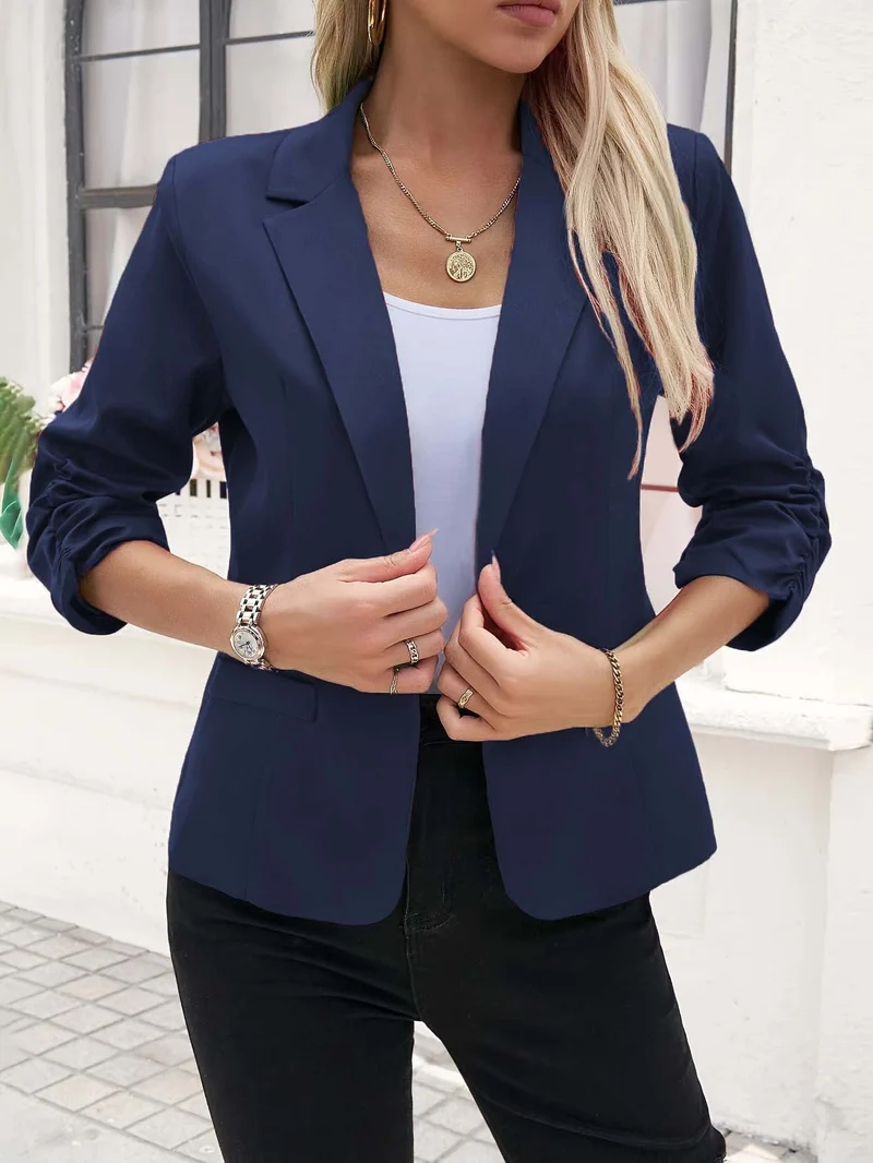 Damen nan taillierter Longblazer mit Revers, gerafften 3/4-Ärmeln und Eingrifftaschen Drune