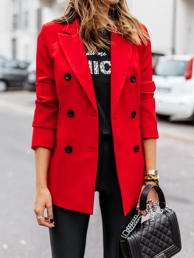 Damen nan taillierter Longblazer mit doppelreihiger Knopfleiste, Reverskragen und Eingrifftaschen Drune