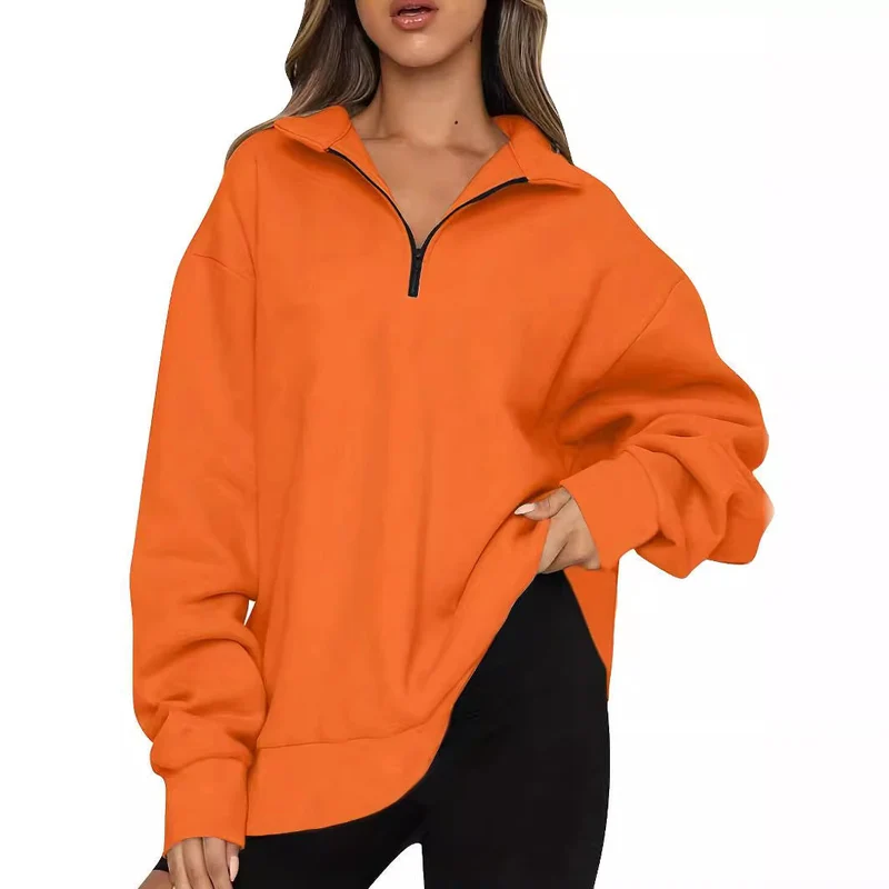 Damen nan Oversized Sweatshirt mit Kurzreißverschluss, Stehkragen und Kängurutasche Drune
