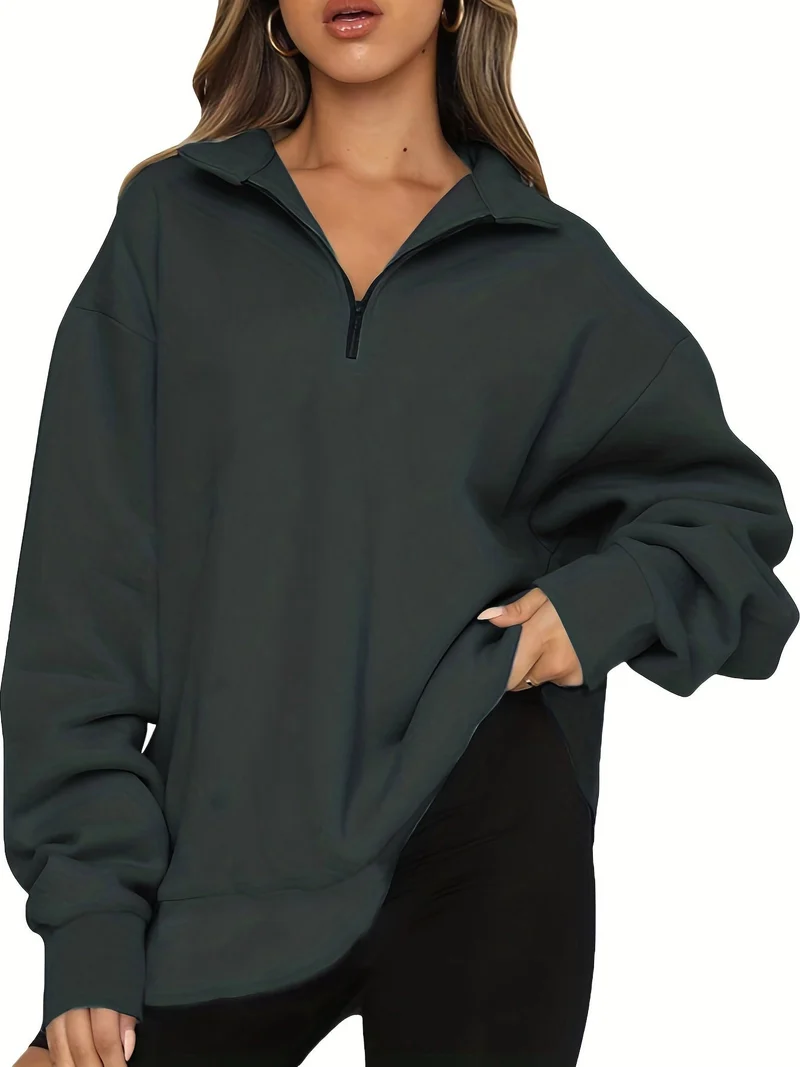 Damen nan Oversized Sweatshirt mit Kurzreißverschluss, Stehkragen und Kängurutasche Drune