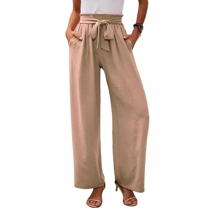 Damen nan Paperbag-Hose mit weitem Bein, hohem elastischem Bund und Bindegürtel Drune