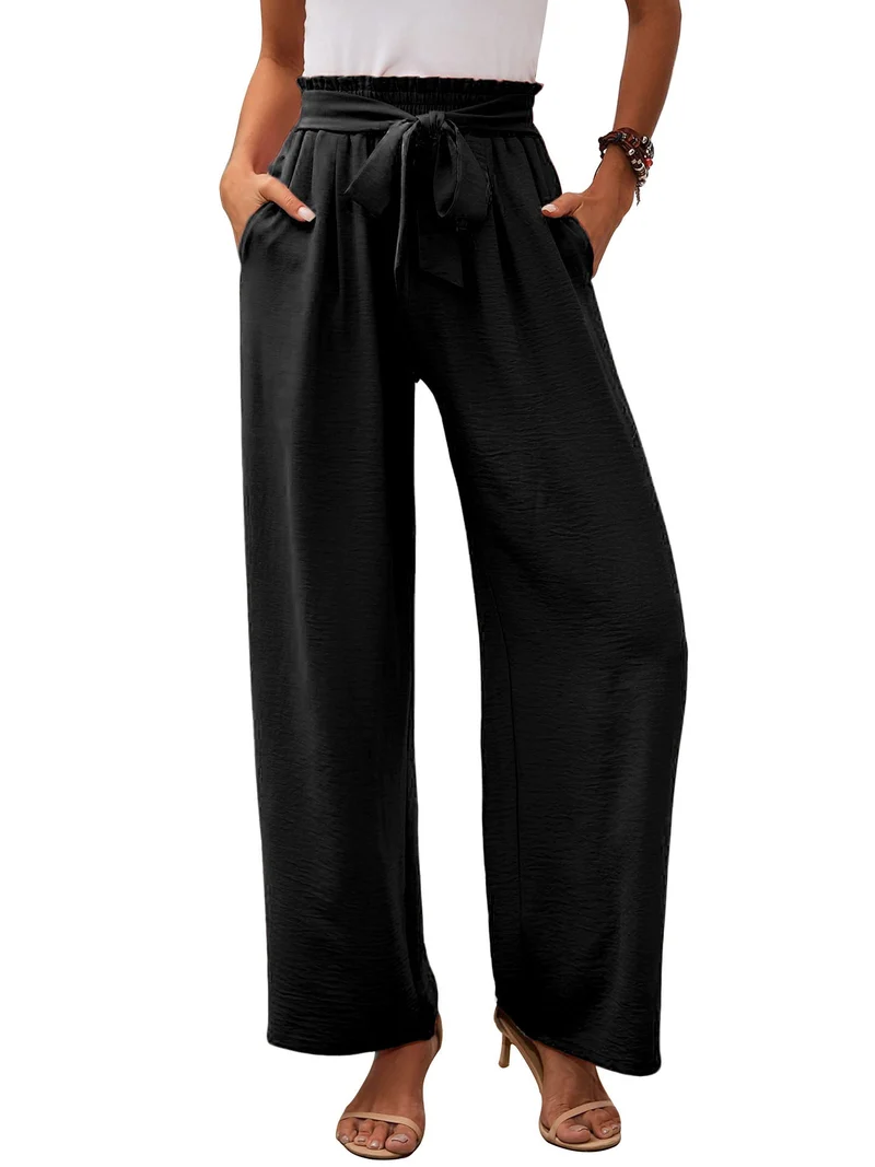 Damen nan Paperbag-Hose mit weitem Bein, hohem elastischem Bund und Bindegürtel Drune