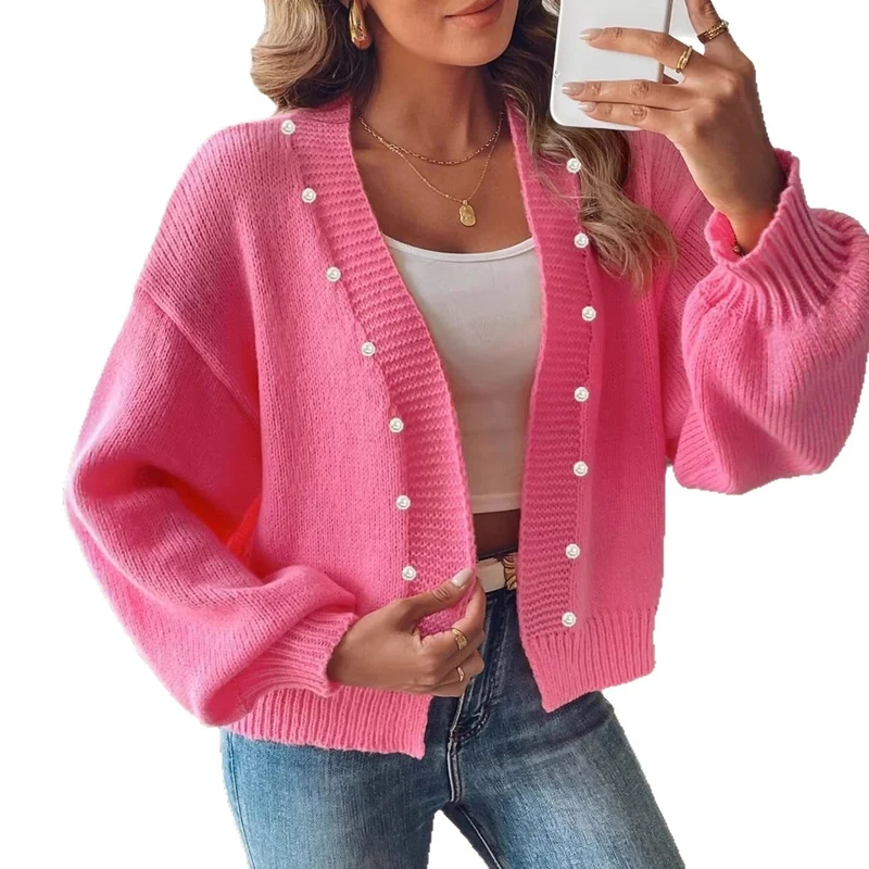 Damen nan Strickcardigan mit Perlenknöpfen und Balloon-Ärmeln Drune