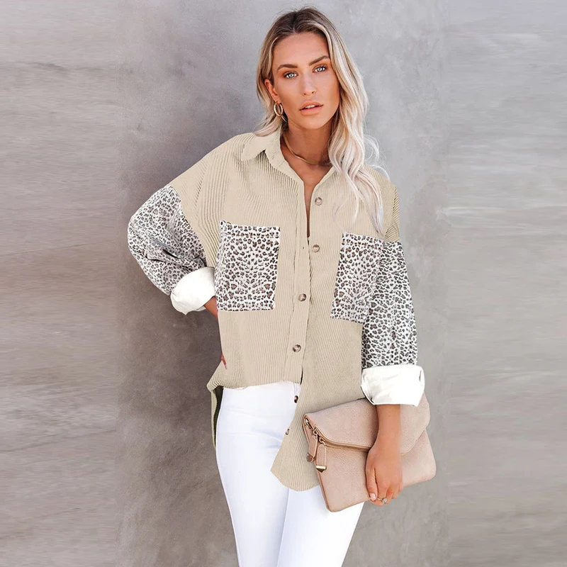 Damen nan oversized Hemdbluse mit Strukturstoff, Kontrastärmeln im Leo-Print und aufgesetzten Taschen Drune