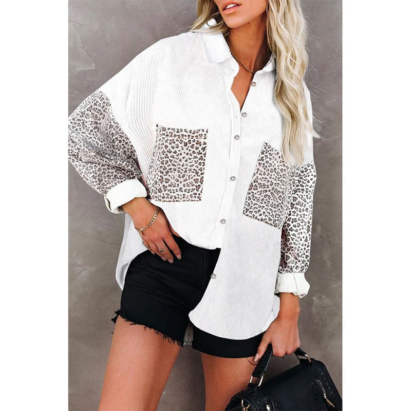 Damen nan oversized Hemdbluse mit Strukturstoff, Kontrastärmeln im Leo-Print und aufgesetzten Taschen Drune