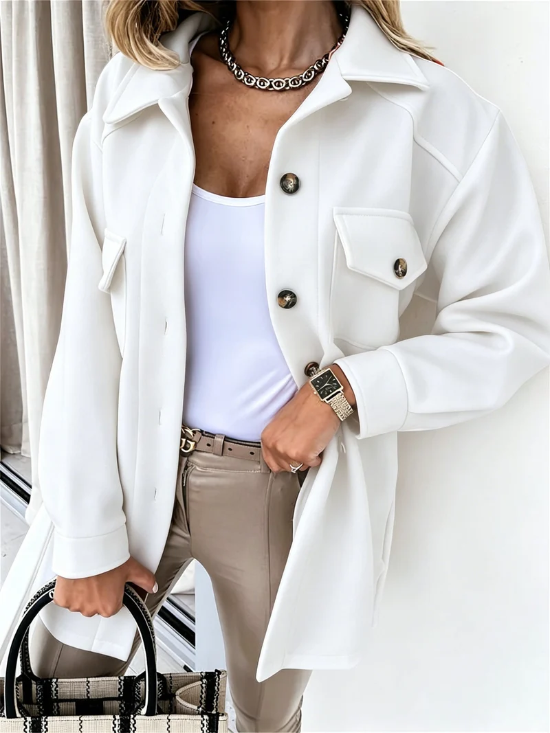 Damen nan oversized Hemdjacke aus Wollmischung mit aufgesetzten Pattentaschen Drune