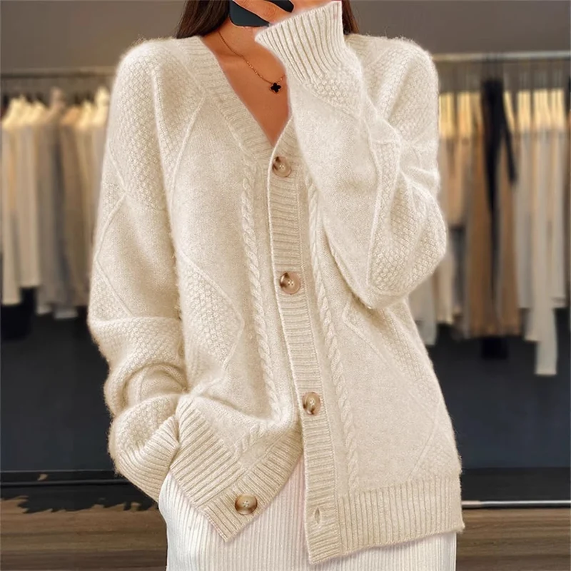 Damen nan oversized Strickcardigan mit Zopfmuster, V‑Ausschnitt und großen Knöpfen Drune