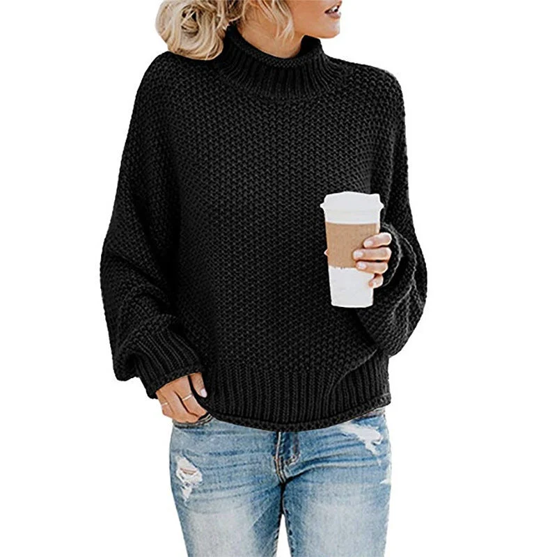 Damen nan Oversize Strickpullover mit Rollkragen, grobem Strukturstrick und Ballonärmeln Drune