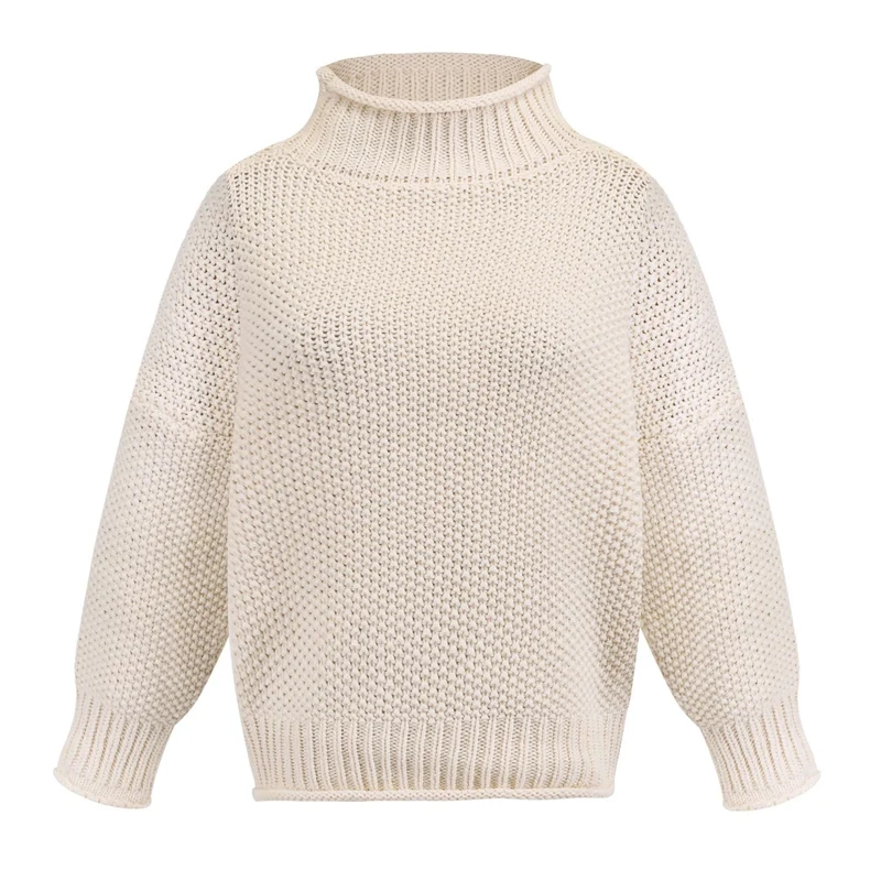 Damen nan Oversize Strickpullover mit Rollkragen, grobem Strukturstrick und Ballonärmeln Drune