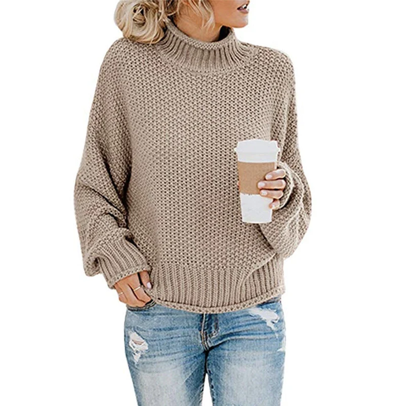 Damen nan Oversize Strickpullover mit Rollkragen, grobem Strukturstrick und Ballonärmeln Drune