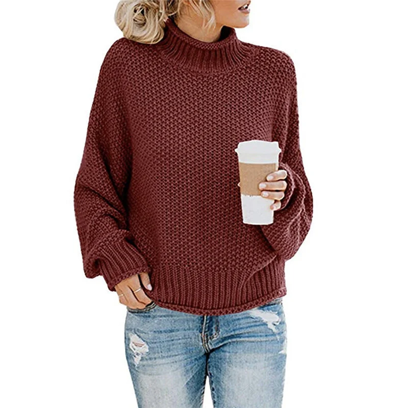 Damen nan Oversize Strickpullover mit Rollkragen, grobem Strukturstrick und Ballonärmeln Drune