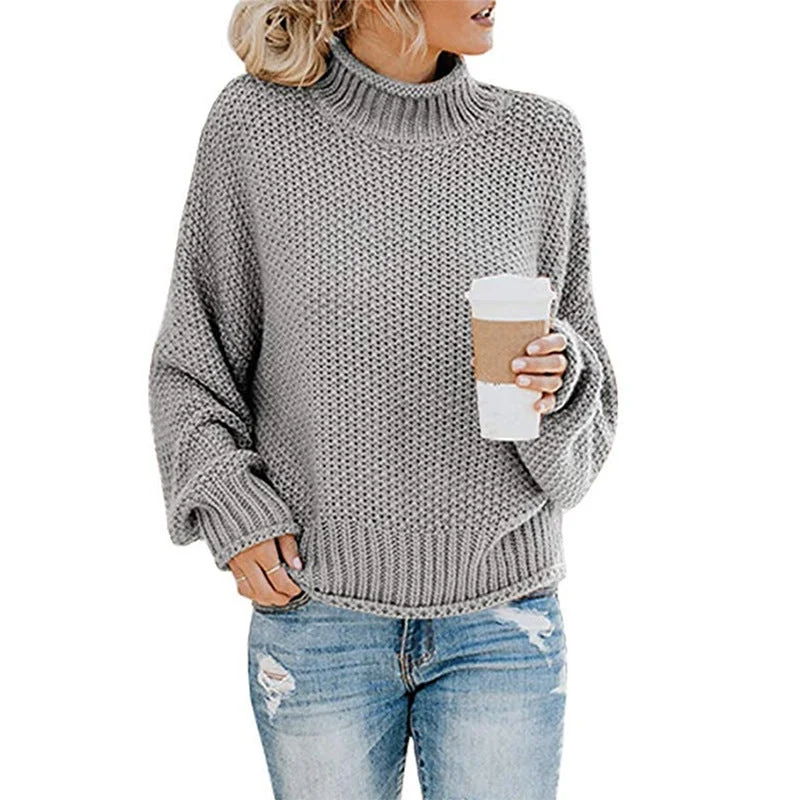Damen nan Oversize Strickpullover mit Rollkragen, grobem Strukturstrick und Ballonärmeln Drune