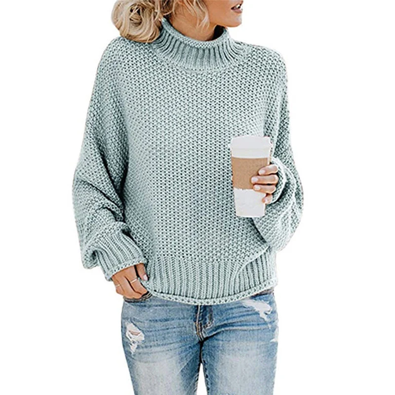 Damen nan Oversize Strickpullover mit Rollkragen, grobem Strukturstrick und Ballonärmeln Drune