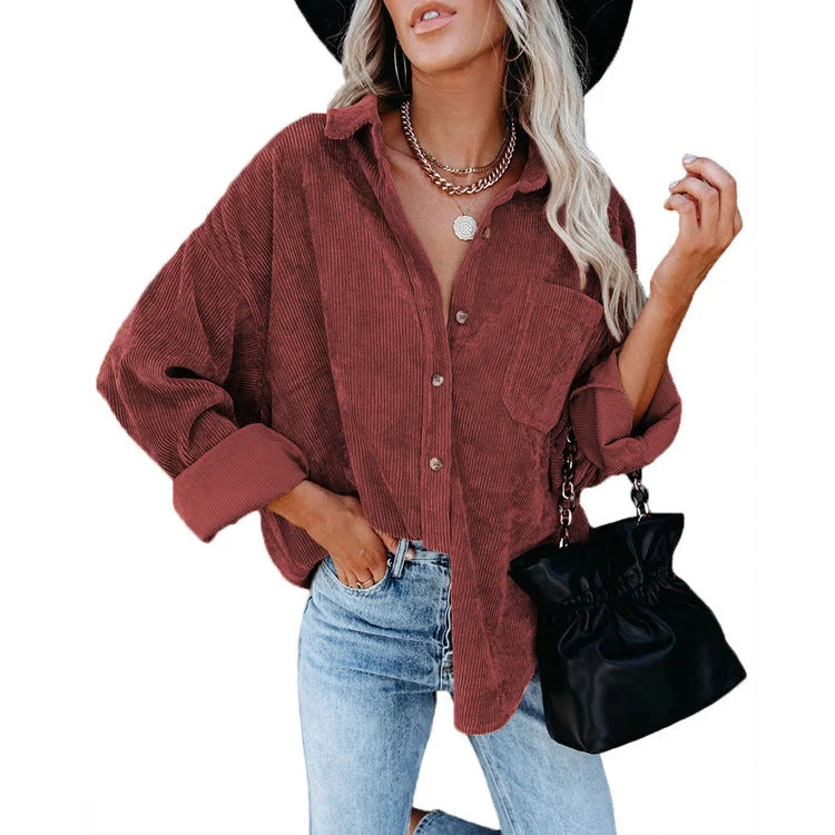 Damen nan oversized Cordhemd mit Brusttasche, Hemdkragen und aufgerollten Ärmeln Drune