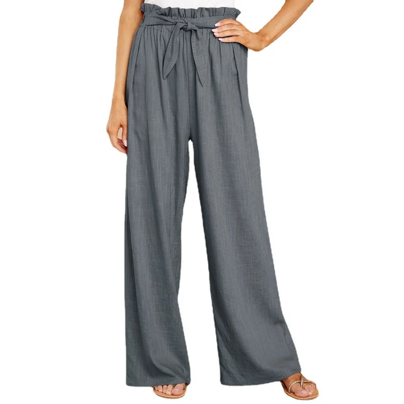 Damen nan Leinenhose mit Paperbag-Bund und weitem Bein Drune
