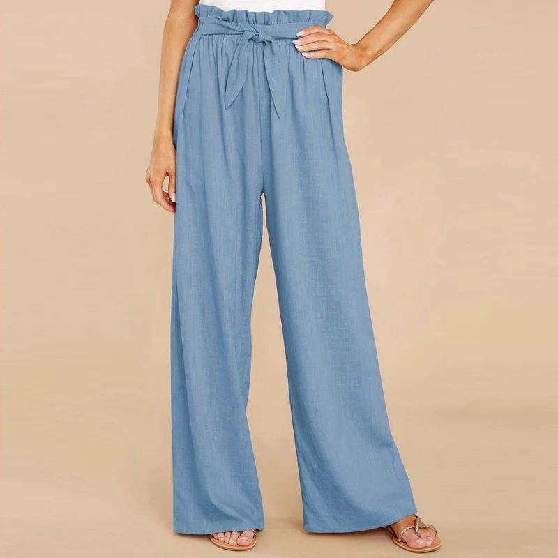 Damen nan Leinenhose mit Paperbag-Bund und weitem Bein Drune