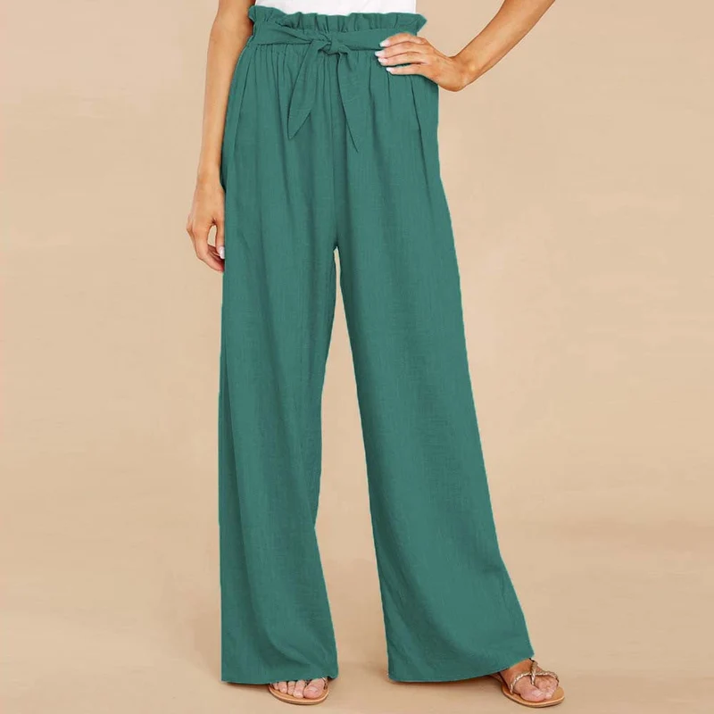 Damen nan Leinenhose mit Paperbag-Bund und weitem Bein Drune