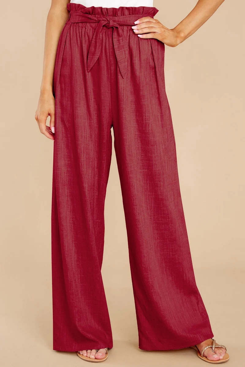 Damen nan Leinenhose mit Paperbag-Bund und weitem Bein Drune