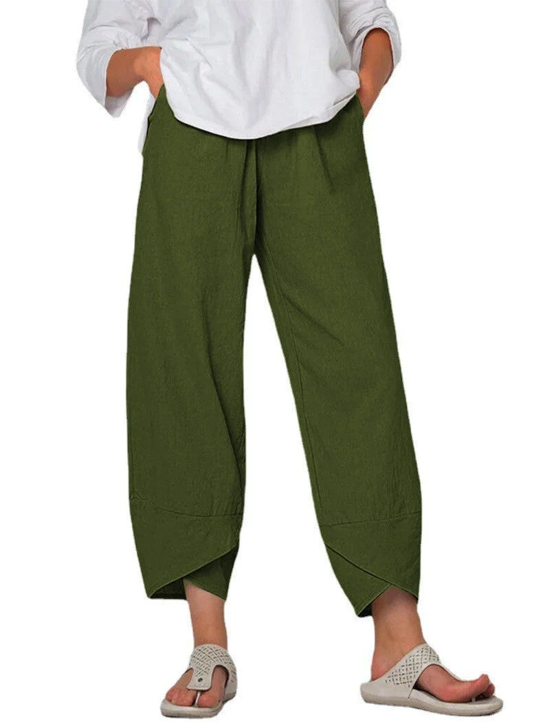 Damen nan lockere Leinenhose mit hohem Bund, Tulpen-Saum und seitlichen Eingrifftaschen Drune