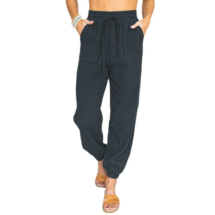 Damen nan leichte Leinenoptik Freizeit-Hose mit hohem elastischem Bund, Kordelzug, aufgesetzten Taschen und elastischen Knöchelbündchen Drune