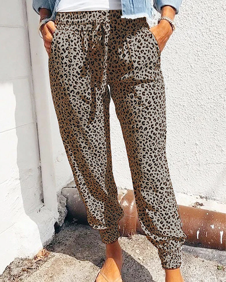 Damen nan lässige Leoparden-Print Jogginghose mit Tunnelzug, Eingrifftaschen und elastischen Bündchen Drune
