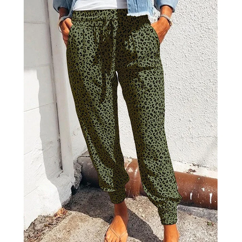 Damen nan lässige Leoparden-Print Jogginghose mit Tunnelzug, Eingrifftaschen und elastischen Bündchen Drune