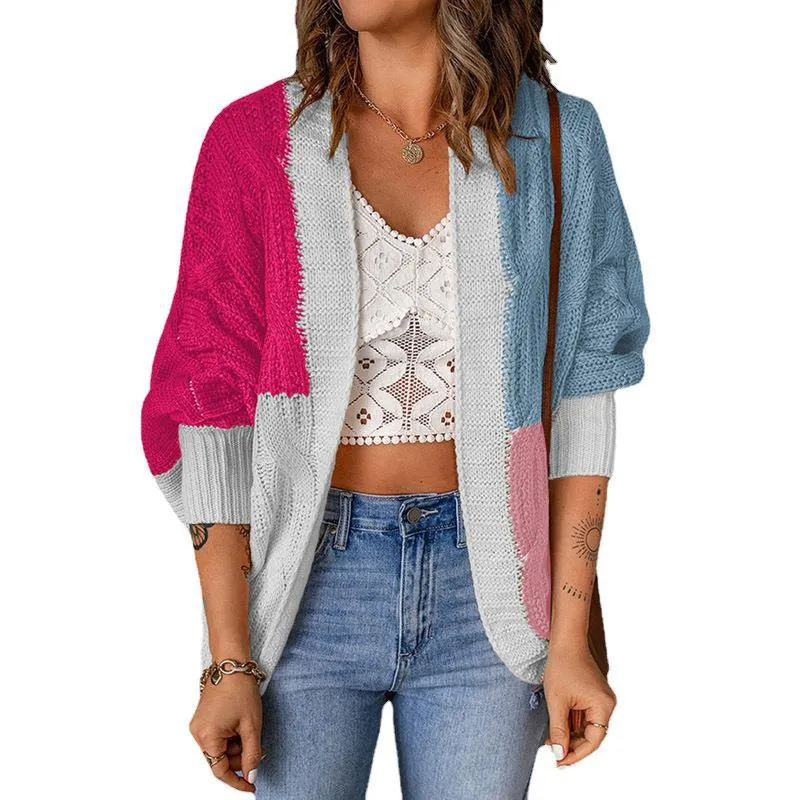 Damen nan lässige Strickjacke im Patchwork-Stil mit offener Front und 3/4-Ärmeln Drune