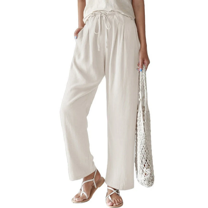 Damen nan lässige Leinenhose mit weitem Bein, elastischem Bund und Seitentaschen Drune