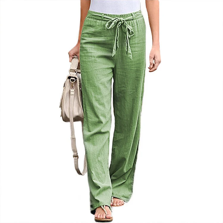 Damen nan lässige Leinenmix Weitebein Hose mit Kordelzug Drune