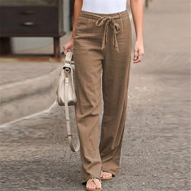 Damen nan lässige Leinenmix Weitebein Hose mit Kordelzug Drune