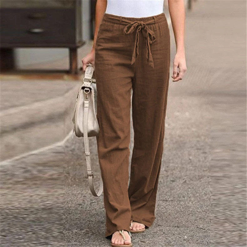 Damen nan lässige Leinenmix Weitebein Hose mit Kordelzug Drune