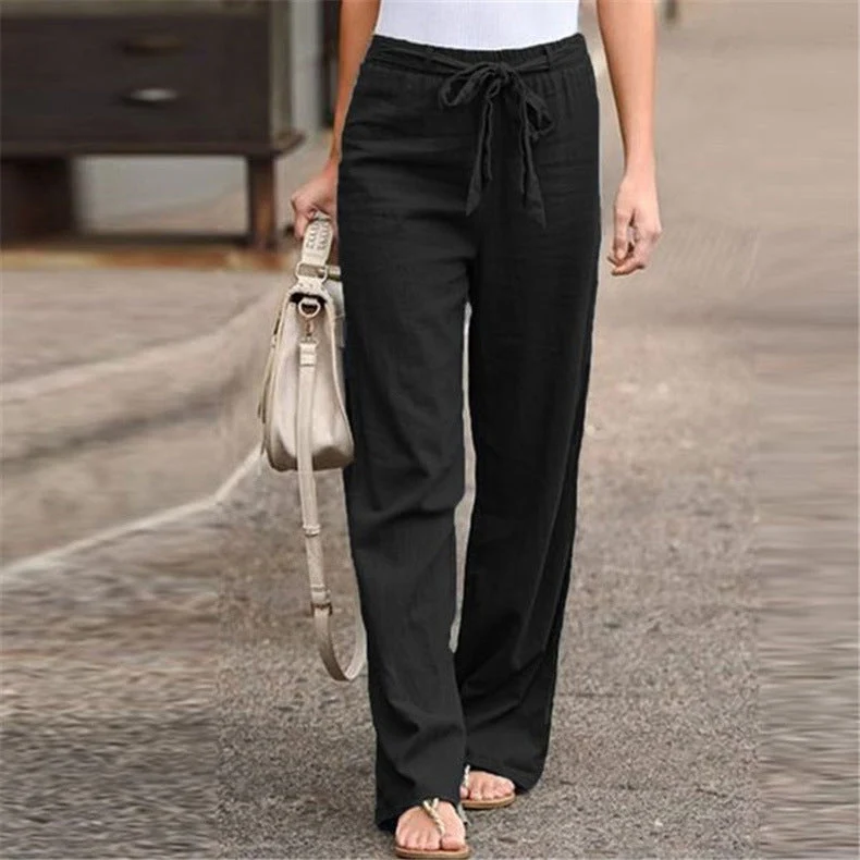 Damen nan lässige Leinenmix Weitebein Hose mit Kordelzug Drune