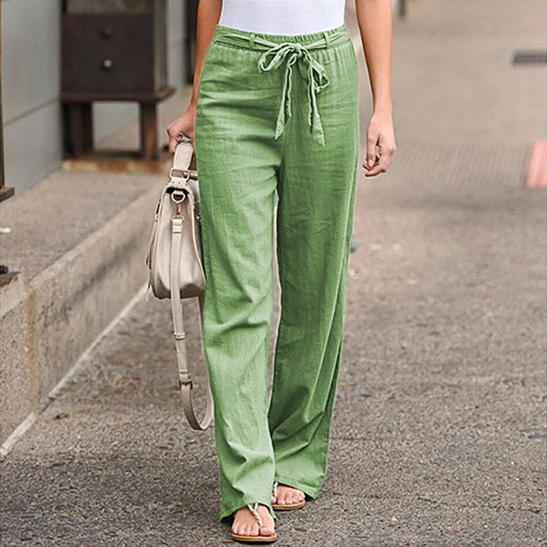 Damen nan lässige Leinenmix Weitebein Hose mit Kordelzug Drune