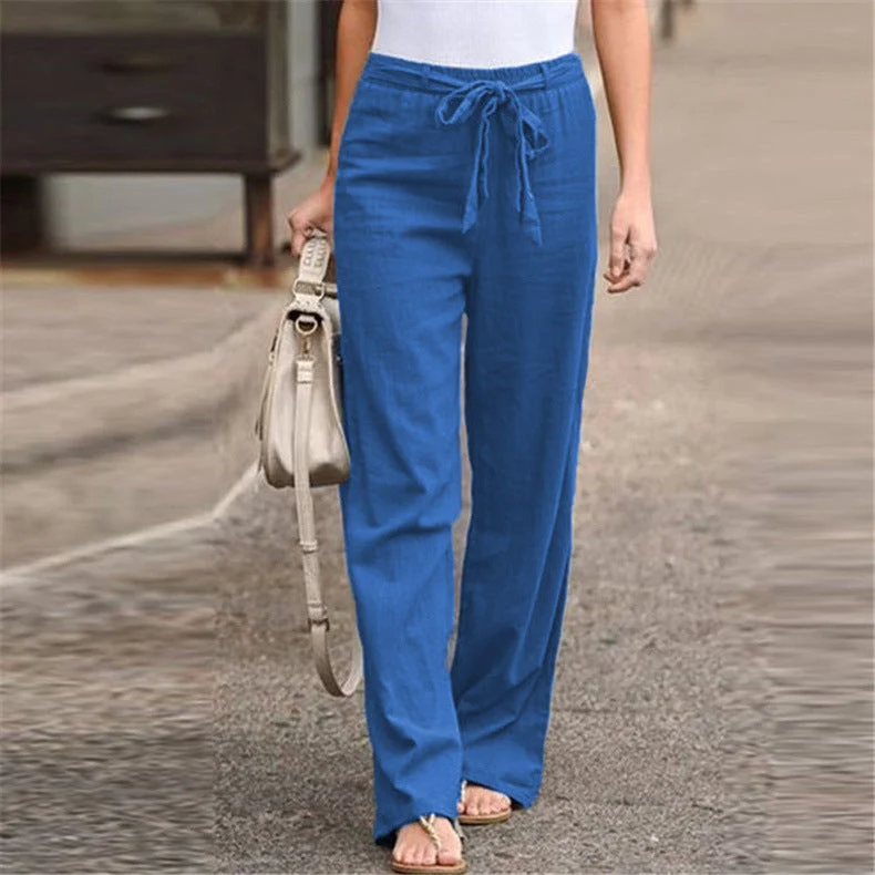 Damen nan lässige Leinenmix Weitebein Hose mit Kordelzug Drune