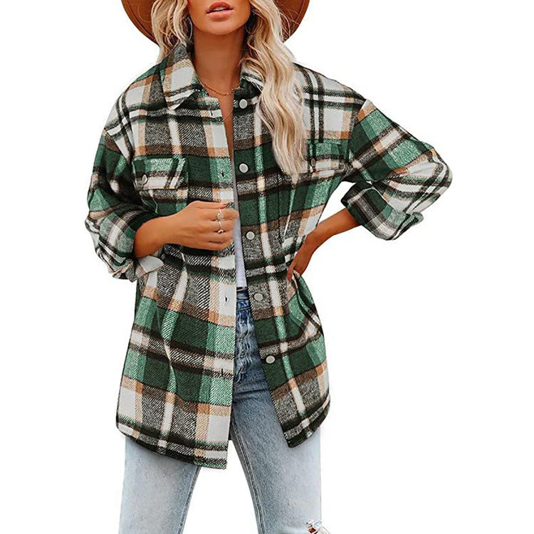 Damen nan karierte Overshirtjacke mit Brusttaschen und lockerer Passform Drune