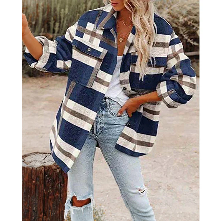 Damen nan karierte Overshirtjacke mit Brusttaschen und lockerer Passform Drune