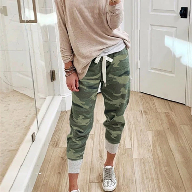 Damen nan lässige Camouflage Jogginghose mit Kordelzug und gerippten Bündchen Drune