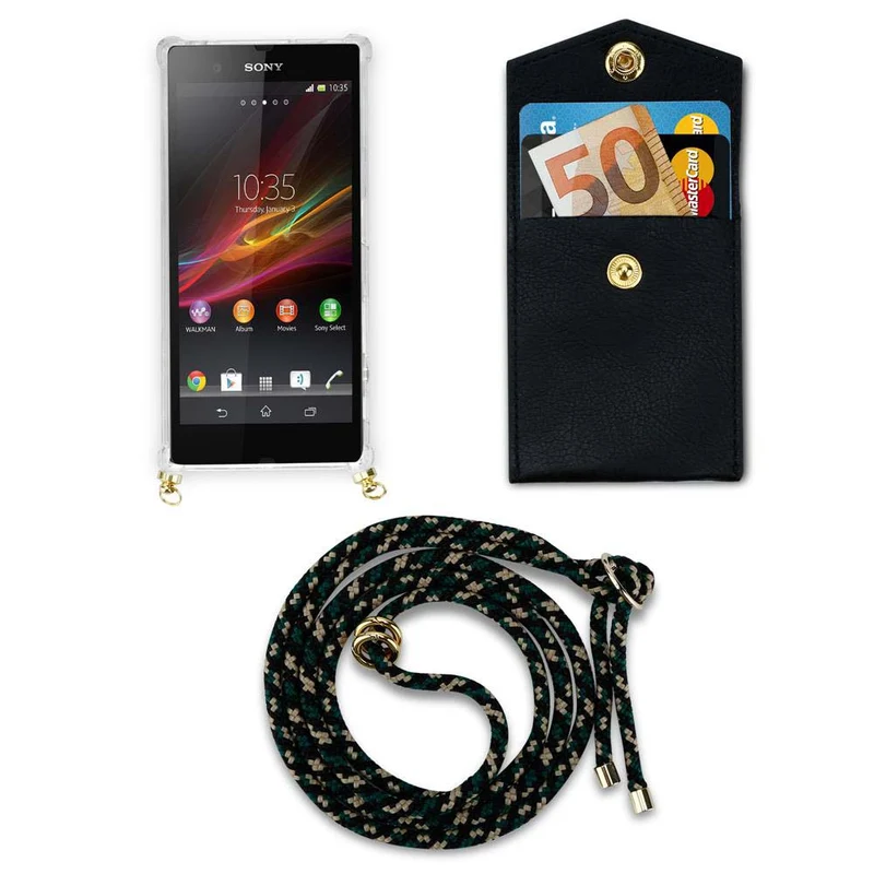 Cadorabo Handy Kette kompatibel mit Sony Xperia XZ / XZs Silikon Schutzhülle mit Gold Ringen, Kordel Band und abnehmbarem Etui
