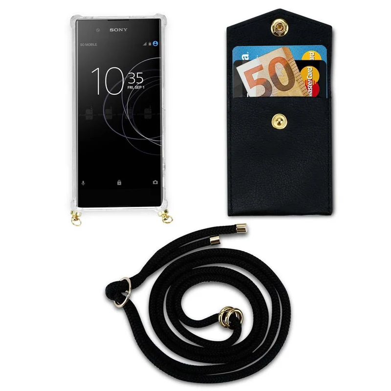 Cadorabo Handy Kette kompatibel mit Sony Xperia XA1 Silikon Schutzhülle mit Gold Ringen, Kordel Band und abnehmbarem Etui