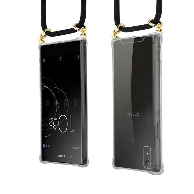 Cadorabo Handy Kette kompatibel mit Sony Xperia XA1 Silikon Schutzhülle mit Gold Ringen, Kordel Band und abnehmbarem Etui