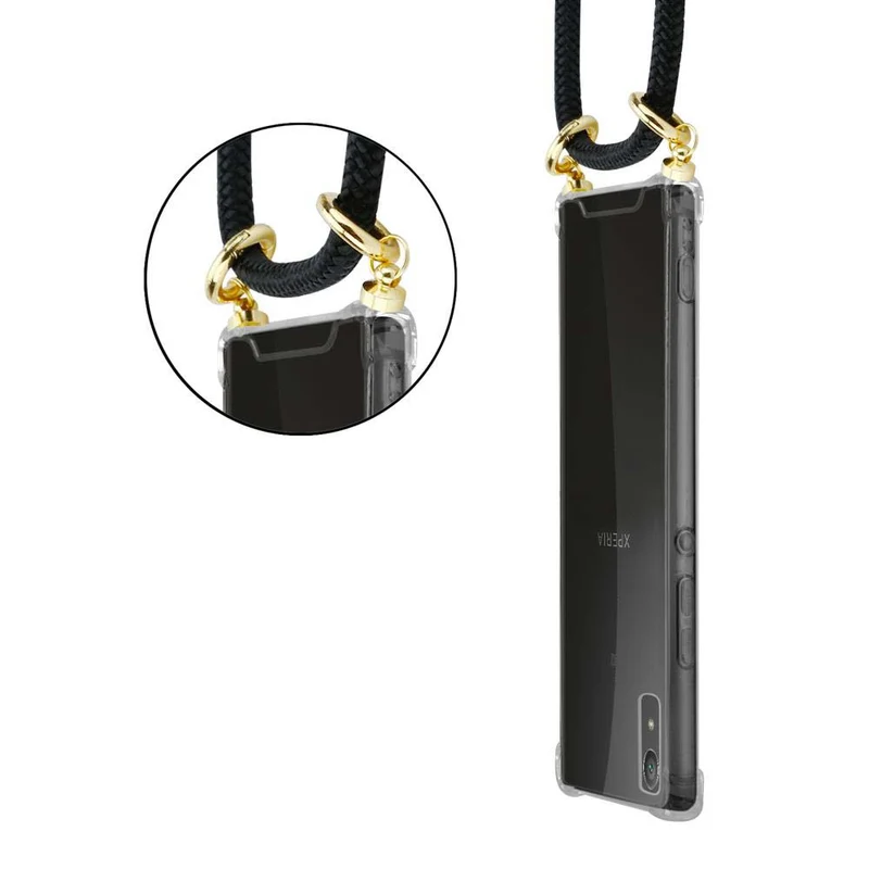 Cadorabo Handy Kette kompatibel mit Sony Xperia XA1 Silikon Schutzhülle mit Gold Ringen, Kordel Band und abnehmbarem Etui