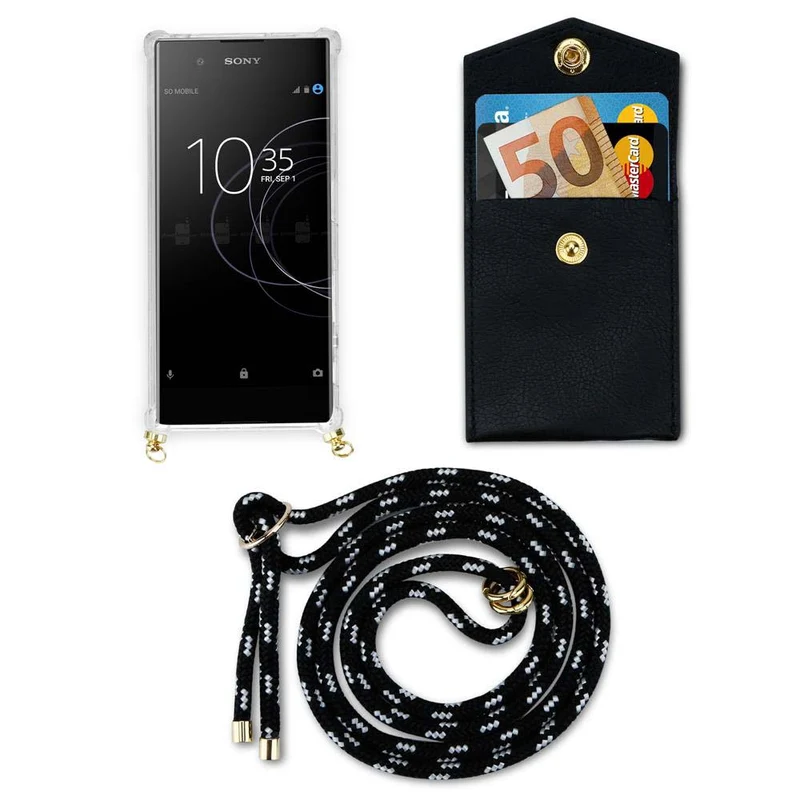 Cadorabo Handy Kette kompatibel mit Sony Xperia XA1 Silikon Schutzhülle mit Gold Ringen, Kordel Band und abnehmbarem Etui