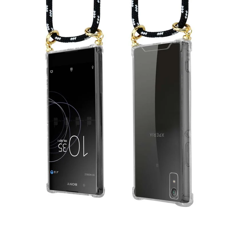 Cadorabo Handy Kette kompatibel mit Sony Xperia XA1 Silikon Schutzhülle mit Gold Ringen, Kordel Band und abnehmbarem Etui