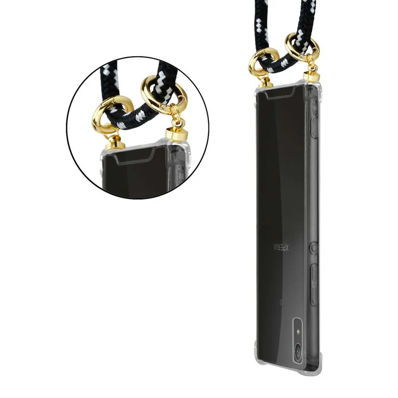 Cadorabo Handy Kette kompatibel mit Sony Xperia XA1 Silikon Schutzhülle mit Gold Ringen, Kordel Band und abnehmbarem Etui