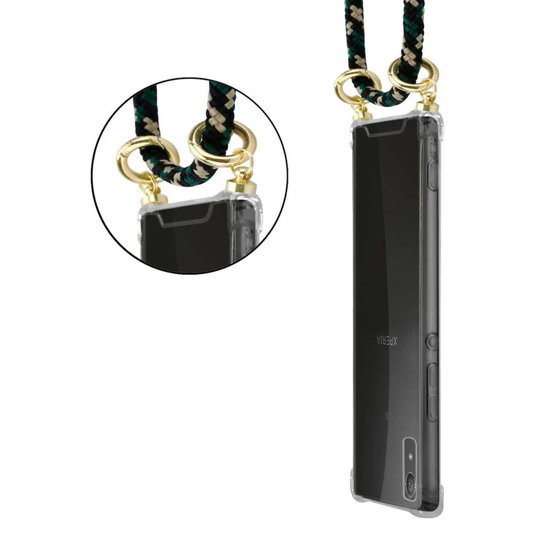 Cadorabo Handy Kette kompatibel mit Sony Xperia XA1 Silikon Schutzhülle mit Gold Ringen, Kordel Band und abnehmbarem Etui